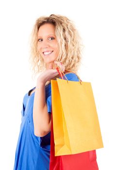 Beautiful blond woman shopping over white background