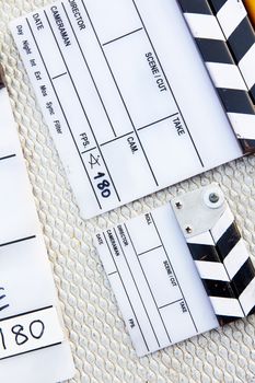 close up of film slate on set