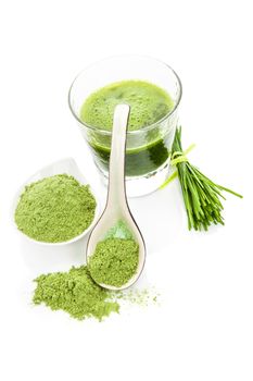 Green superfood. Green drink, ground wheat grass on spoon isolated on white background. Healthy food supplement.