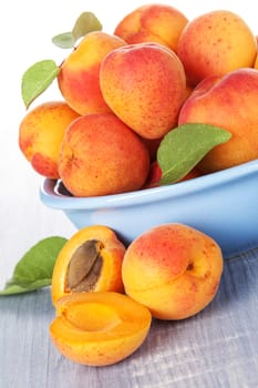 Ripe delicious apricots in bowl on blue wooden background. Healthy fruit eating.