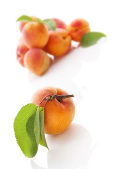 Fresh ripe apricots with leaves isolated on white background. Fresh summer fruit eating.