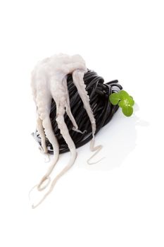 Black spaghetti with fresh seafood isolated on white background. Culinary seafood eating. 