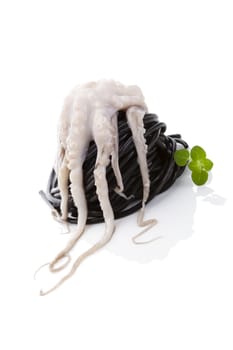 Octopus on black pasta with fresh herbs isolated on white background with reflections. Luxurious fine eating.