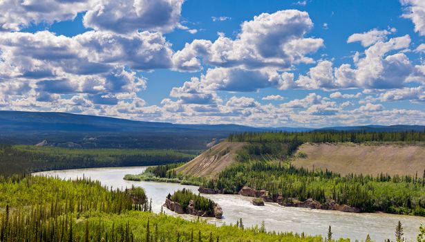 Hi-res landscape image of treacherous Five Finger Rapids of the Yukon River near town of Carmacks, Yukon Territory, Canada