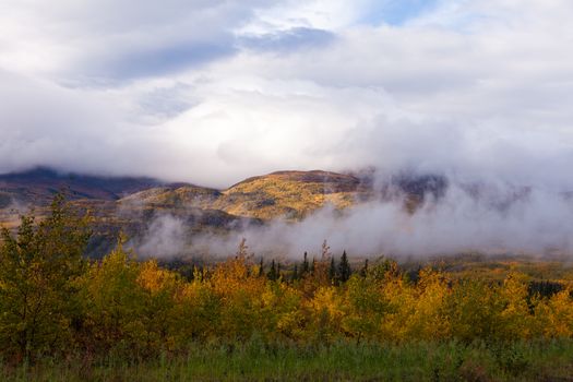 Autumn fall boreal forest taiga hills partly covered in clouds and fogs, Yukon Territory, Canada