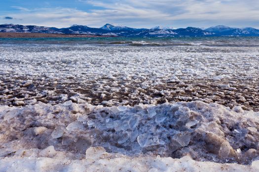 Shore ice during freeze-up of Lage Laberge, Yukon Territory, Canada, winter landscape