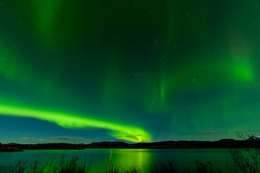 Sparkling green starry night sky show of Aurora borealis or Northern Lights reflections on calm surface of Lake Laberge, Yukon Territory, Canada