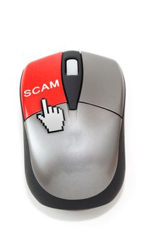 Hand cursor clicking on scam button