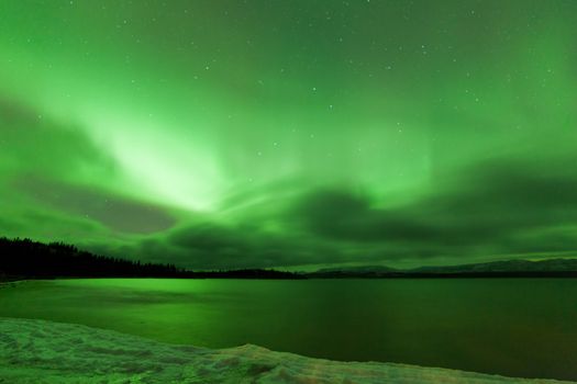 Green sparkling show of Aurora borealis or Northern Lights on cloudy night sky winter scene of Lake Laberge, Yukon Territory, Canada