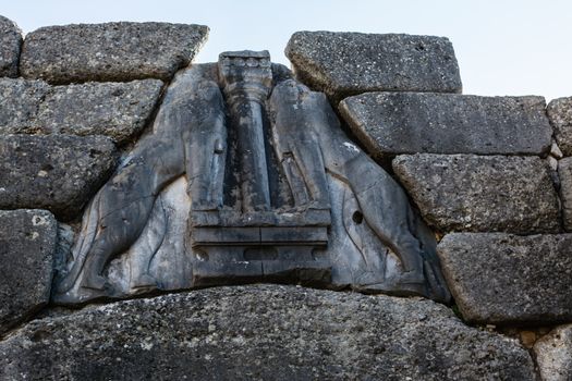 Lion gate closeup in Mykines, Greece