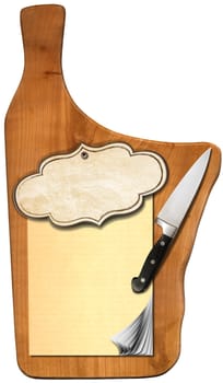Notebook for recipes or menu on used wooden cutting board with kitchen knife
