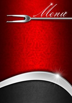 Red velvet background with ornate floral seamless and gray metal wave, template for a elegant menu