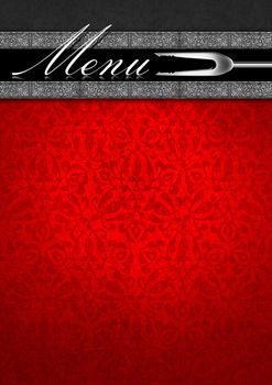 Gray and red velvet and texture with ornate floral seamless and silver floral bands, template for a elegant menu

