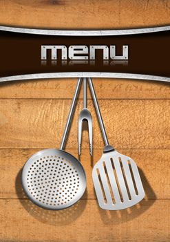 Wooden damaged boards with horizontal metal bands and kitchen utensils, template for a rustic menu