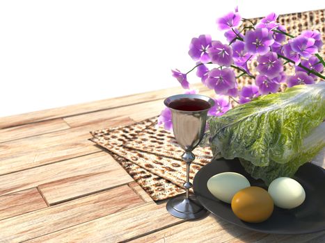 Jewish celebrate pesach passover with eggs, matzo and flowers on white background