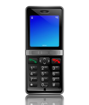 Illustration depicting a phone with an illuminated screen. White background.