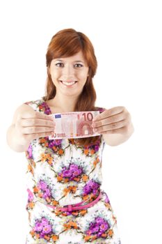 Happy woman showing Euros currency notes on white background