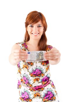 Happy woman showing Euros currency notes on white background