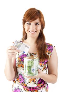 Beautiful woman saving money on white background