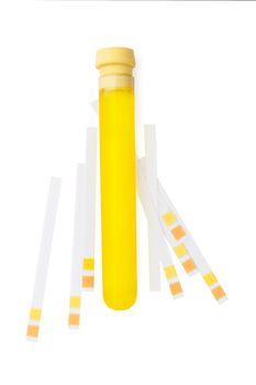 pH litmus test strip and urine in test tube isolated on white background.
