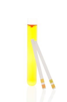 PH test strips, litmus paper and urine with blood in test tube isolated on white background. Minimal medical health care background.