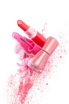 Girly make up, cosmetic and fashion background. Pink nail polish, facial powder and blossom isolated on white background. Luxurious feminine concept.