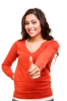 Beautiful young woman showing thumbs up