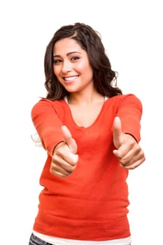 Beautiful young woman showing thumbs up