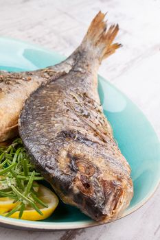 Grilled sea bream fish on plate with fresh rosemary and lemon. Culinary healthy seafood eating.