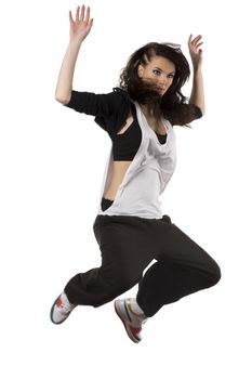 modern young woman dancer in hip hop style jumping over white background