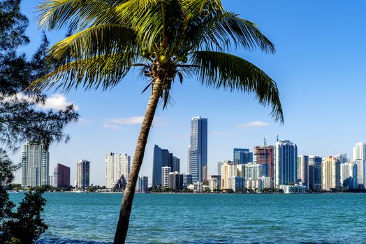 Miami Downtown skyline in daytime with Biscayne Bay.