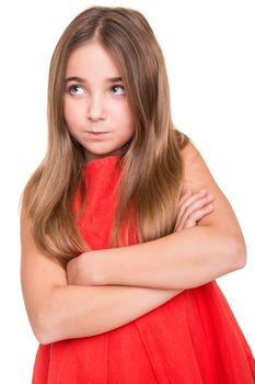 Upset and bored little girl over white background