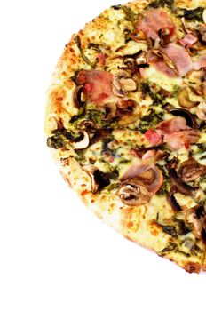 Part of Freshly Baked Pizza with Edible Mushrooms, Bacon, Cheese and Spinach Sauce isolated on white background