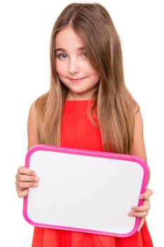 Cute little girl holding a white board