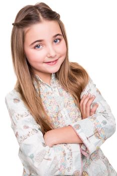 Portrait of a little girl over white background