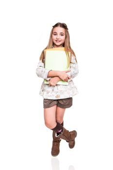 Little young student holding notebook over white background