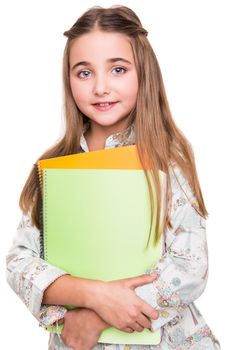 Little young student holding notebook over white background