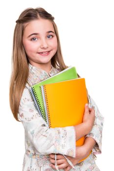 Little young student holding notebook over white background