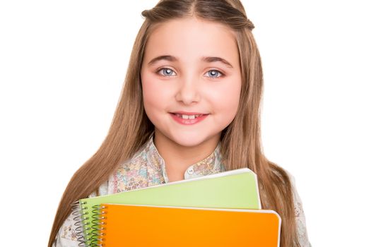 Little young student holding notebook over white background