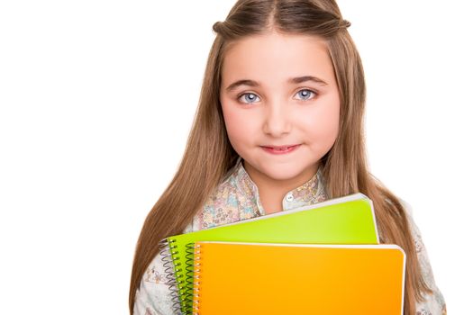 Little young student holding notebook over white background