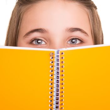 Little young student holding notebook over white background