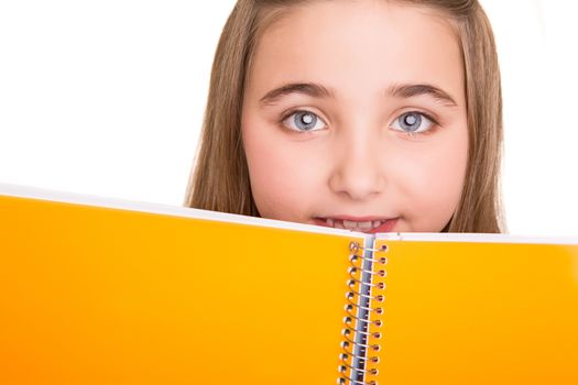 Little young student holding notebook over white background