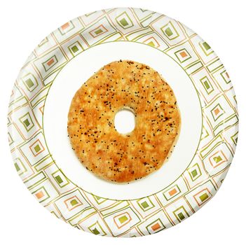 Everything Flat Bagel on Paper Plate Over White Background