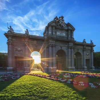 The famous Puerta de Alcala at sunset, Madrid, Spain