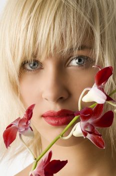 classic beauty style portrait of blond girl with flowers