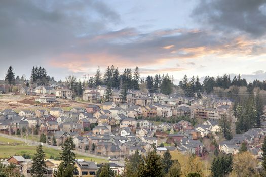 Cloudy Sunset Over USA North America Suburban Residential New Subdivision in Happy Valley Oregon