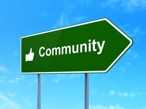 Social network concept: Community and Thumb Up icon on green road (highway) sign, clear blue sky background, 3d render