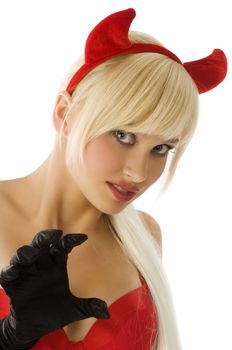 close up portrait of a sexy and blond demon with red horns and black gloves