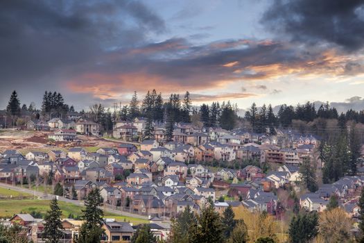 Cloudy Sunset Over USA North America Suburban Residential New Subdivision in Happy Valley Oregon