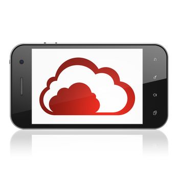 Cloud networking concept: smartphone with Cloud icon on display. Mobile smart phone on White background, cell phone 3d render